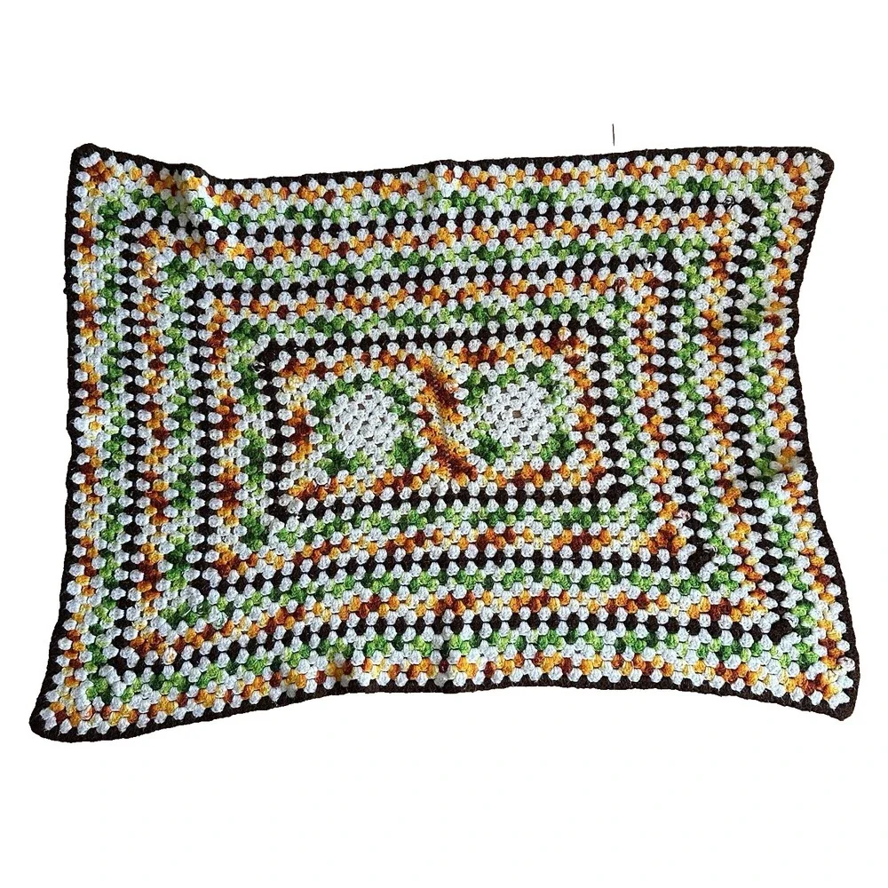 Vintage Handmade Granny Square Afghan Blanket Throw Green Brown White 45X34